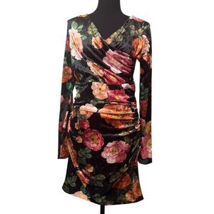 Guess Floral Tess Velvet Mini Dress Size M Wrap Front Zip‎ Ruched Sides Body Con